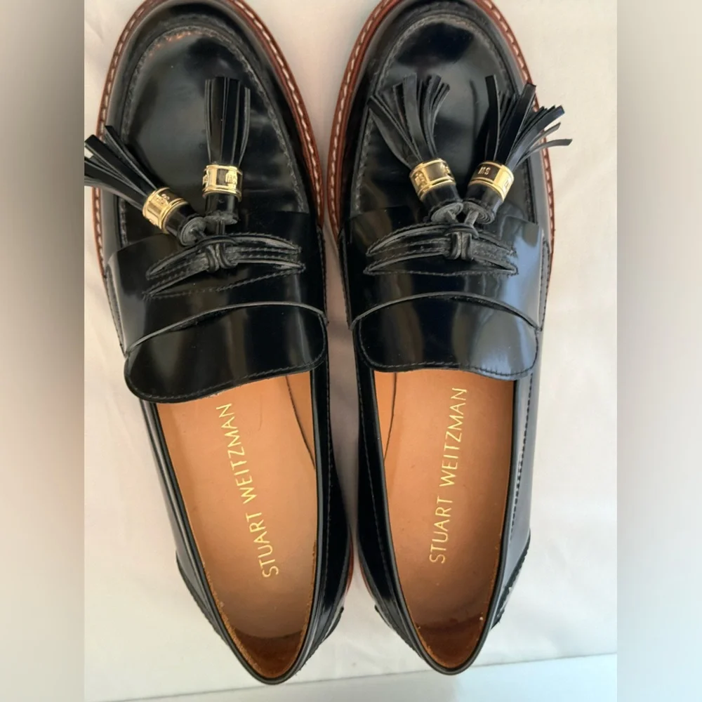 Stuart Weitzman Black Patent Tassel Loafers with Gold Accents - Picture 3 of 7